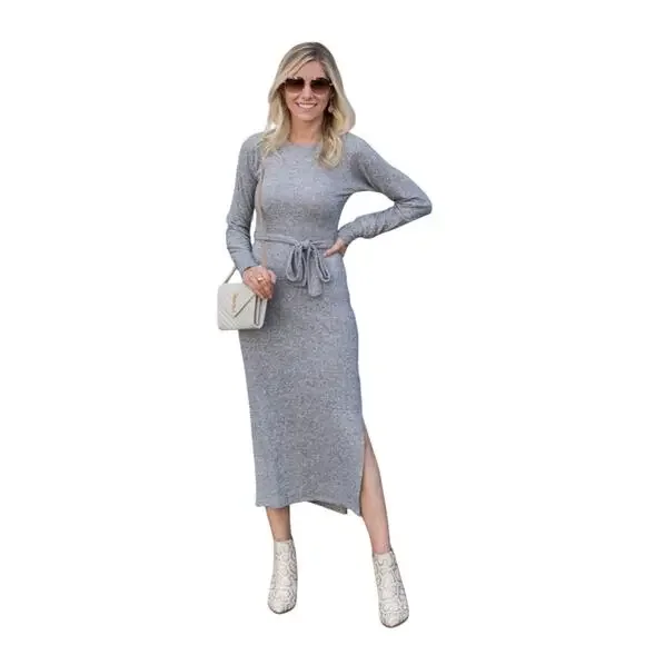 NWOT Topshop Long Sleeve Knit Midi Dress in Heather Gray - Picture 2 of 14